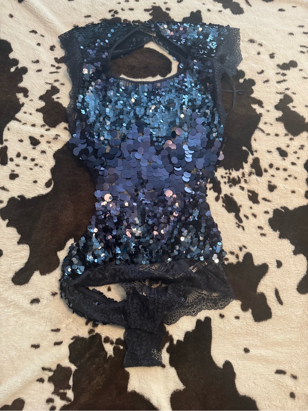 Navy Sequin Lace-Trim Bodysuit with Keyhole Back Free People